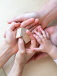 © Michael - A baby hand holds a small wooden toy house together with the hands of its parents.