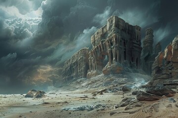 A ruined city stands amidst a vast desolate landscape with swirling clouds casting long shadows