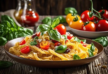 Wall Mural - colorful vibrant pasta dishes featuring fresh varied eye catching presentation culinary enthusiasts, ingredients, texture, vegetable, herb, cheese, olive