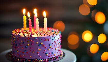 Wall Mural - Festive Birthday Cake with Glowing Candles Surrounded by Shimmering Bokeh Lights