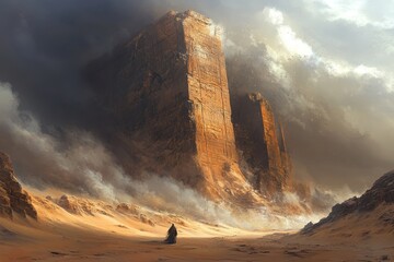 Wall Mural - Solitary Figure in a Desolate Desert Landscape with Massive Stone Structures