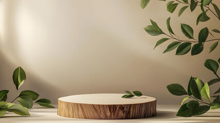 Sticker - Minimal modern product display on neutral beige background Wood slice podium and green leaves Concept scene stage showcase for new product promotion sale banner presentation cosmetic : Generative AI