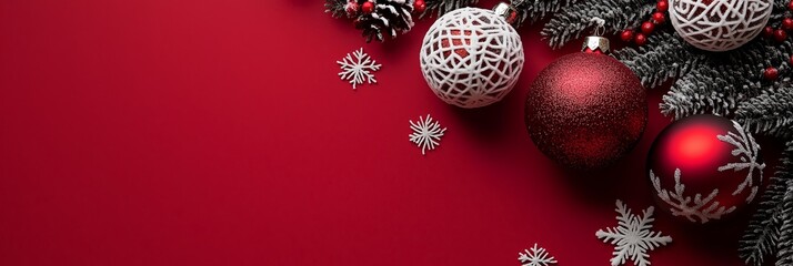 Wall Mural - Christmas background with red and silver baubles and fir branches on red background, copy space