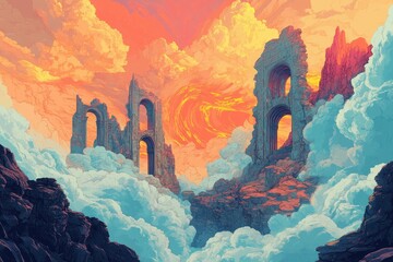 Wall Mural - Stone Ruins Emerging from Clouds with a Whirl of Orange