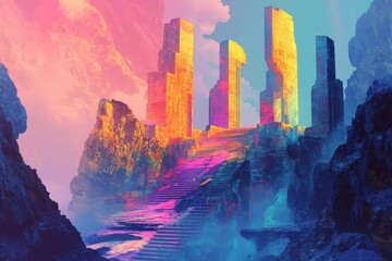 Wall Mural - A Stairway to the Sky in a Surreal, Colorful Landscape