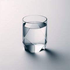 A perfectly symmetrical clear glass of water with soft reflections, placed on a white background