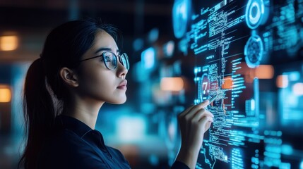 Wall Mural - Woman in glasses interacting with virtual data interface in dark technology environment