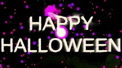 Wall Mural - White Happy Halloween text with glowing confetti and abstract splashes on a dark background. Happy Halloween animation for holiday celebration