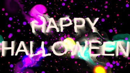 Poster - Bright neon 'Happy Halloween' text with glowing confetti and abstract splashes on a dark background. Happy Halloween animation for holiday celebration
