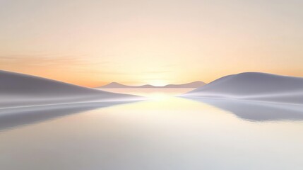 Wall Mural - A serene sunrise over misty hills reflecting in a calm lake at dawn in a tranquil landscape setting