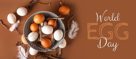 Banner for World Egg Day with tasty eggs in basket