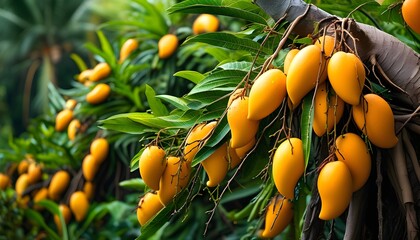 Canvas Print - Vibrant Mango Tree in a Tropical Garden with Selective Focus and Lush Garden Backdrop