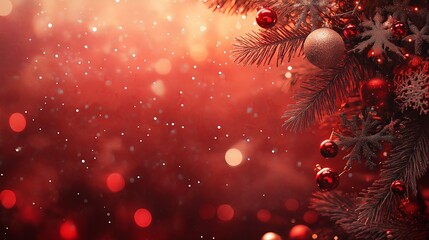 Wall Mural - Christmas and New Year background with bokeh lights and red balls, copy space