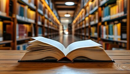 Wall Mural - Scholarly ambiance of an open book on a wooden table amidst towering library shelves filled with literature