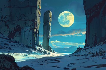 Wall Mural - Ancient Ruins Under a Full Moon in a Snowy Landscape