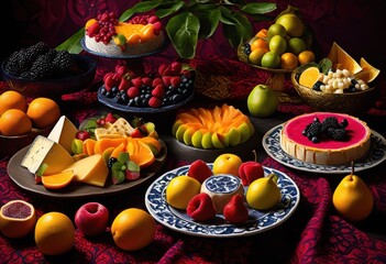 Sticker - colorful vibrant food displays arranged decorative patterned backgrounds eye catching presentation, arrangement, artistry, attractive, buffet, beauty