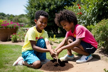 happy african children planting a tree in the garden