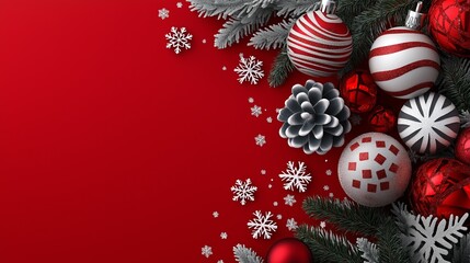Wall Mural - Christmas background with red and silver baubles and fir branches on red background, copy space