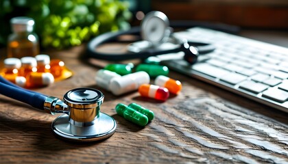 Doctors desk prepared with medications and stethoscope for patient care