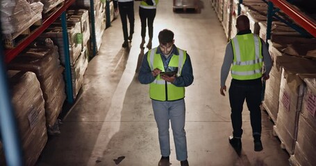 Canvas Print - Man, tablet and industry in warehouse for logistics, quality control and stock management for delivery. Male person, tech and packaging with freight, supply chain or shipping company in manufacturing