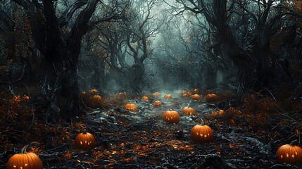 Dark Halloween forest visualized with pumpkins and eerie trees.