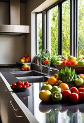 Wall Mural - stunning pristine kitchen surfaces showcasing colorful array fresh fruits vegetables vibrant culinary experience, countertop, display, arrangement, organic