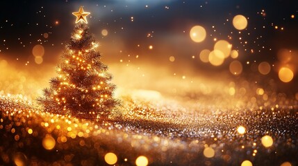 Wall Mural - Christmas background with golden bokeh lights and christmas tree. copy space