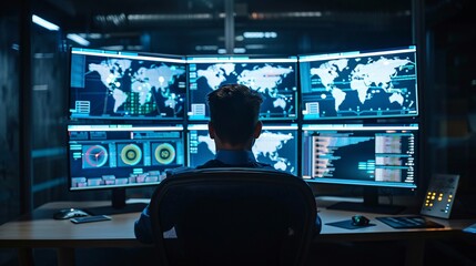  Back view of programmer working on computer