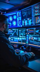  Back view of programmer working on computer