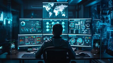  Back view of programmer working on computer
