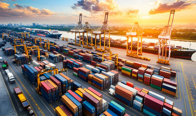 Aerial view of a busy container port with cargo ships, cranes, and shipping containers.