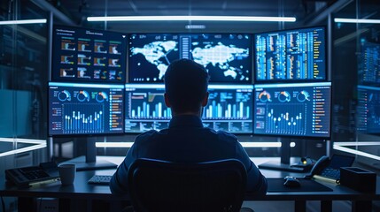 back view of a programmer sitting at a computer
