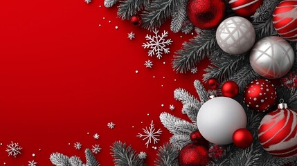 Wall Mural - Christmas background with red and silver baubles and fir branches on red background, copy space