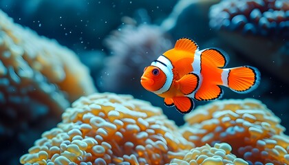 Clown fish gracefully swimming amidst vibrant coral reef scenery in the clear blue sea