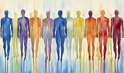 Poster - Watercolor painting of a row of colorful human silhouettes standing tall.