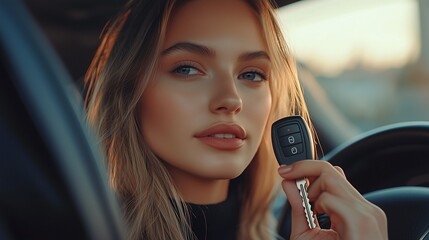 Wall Mural - An attractive woman in a car holds a car key in her hand.