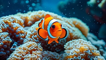 Clown fish gracefully swimming amidst vibrant coral reef scenery in the clear blue sea