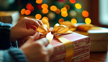 Artistic close-up of hands gracefully tying a bow on a beautifully wrapped gift box amidst a cheerful festive backdrop