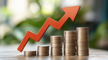 For financial growth interest rate increase inflation high price and tax rise concept. arrow up sign on wooden cube blocks above stack of coins including copy space.