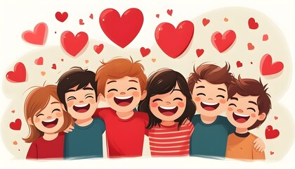 Joyful cartoon friends sharing smiles and hearts, celebrating love and friendship

