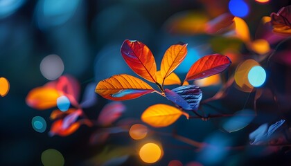 Dreamy close-up of vibrant leaves illuminated by colorful bokeh lights in a magical natural setting