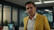 © Alteisen Riese - twenties american man in yellow attire on office background model portrait looking confident for ad concept space for text