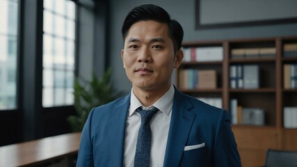 twenties asian man in blue attire on office background model portrait looking confident for ad concept space for text