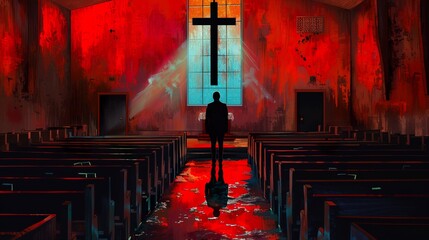 A Solitary Figure in a Red-Lit Church