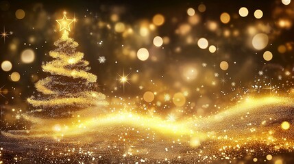 Wall Mural - Christmas background with golden bokeh lights and christmas tree. copy space
