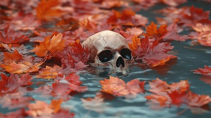 A skull with autumn leaves and water in the background, fantasy art style, dark gold and light bronze, hyper-realistic details, Wiccan symbolism, surreal nature photography, digital art,