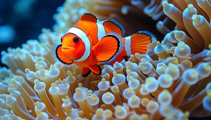 vibrant clownfish swimming among colorful sea anemones in a coral reef ecosystem