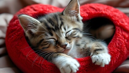 Adorable kitten nestled on a plush heart-shaped pillow, capturing the essence of love and Valentines Day in a cozy close-up