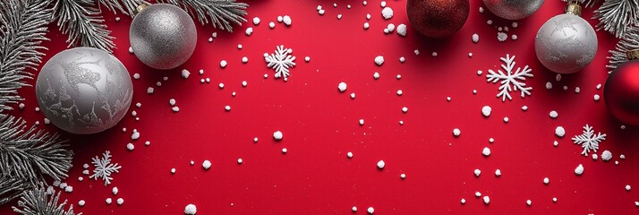 Wall Mural - Christmas background with silver baubles and snowflakes on red background, copy space