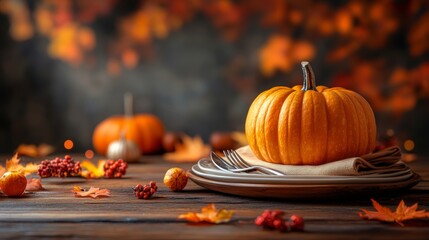 Wall Mural - Happy Thanksgiving Day. Festive Empty plate and autumn leaves on a rustic wooden table and space for text on wood background,